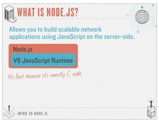 INTRO TO NODE.JS
WHAT IS NODE.JS?
It’s fast because it’s mostly C code
Allows you to build scalable network
applications using JavaScript on the server-side.
V8 JavaScript Runtime
Node.js
 