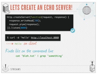 S T R E A M S
LETS CREATE AN ECHO SERVER!
http.createServer(function(request, response) {
}).listen(8080)
request.pipe(response);
$ curl -d 'hello' http://localhost:8080
Hello on client
response.writeHead(200);
cat 'bleh.txt' | grep 'something'
Kinda like on the command line
 