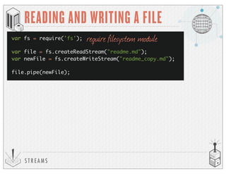 S T R E A M S
READING AND WRITING A FILE
var fs = require('fs');
var file = fs.createReadStream("readme.md");
var newFile = fs.createWriteStream("readme_copy.md");
require filesystem module
file.pipe(newFile);
 