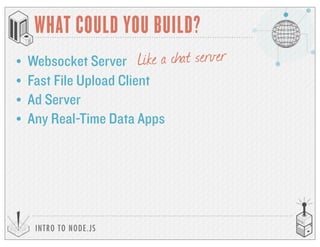 INTRO TO NODE.JS
WHAT COULD YOU BUILD?
• Websocket Server
• Fast File Upload Client
• Ad Server
• Any Real-Time Data Apps
Like a chat server
 