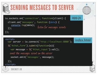 SOCKET.IO
SENDING MESSAGES TO SERVER
io.sockets.on('connection', function(client) {
});
var server = io.connect('http://localhost:8080');
<script>
</script>
app.js
index.html
client.on('messages', function (data) {
});
console.log(data);
$('#chat_form').submit(function(e){
var message = $('#chat_input').val();
socket.emit('messages', message);
});
listen for ‘messages’ events
emit the ‘messages’ event on the server
 