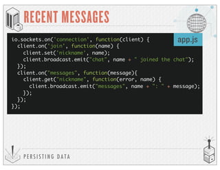 });
});
});
P E R S I S T I N G D A T A
RECENT MESSAGES
io.sockets.on('connection', function(client) {
client.on('join', function(name) {
client.set('nickname', name);
client.broadcast.emit("chat", name + " joined the chat");
});
client.on("messages", function(message){
client.get("nickname", function(error, name) {
client.broadcast.emit("messages", name + ": " + message);
app.js
 