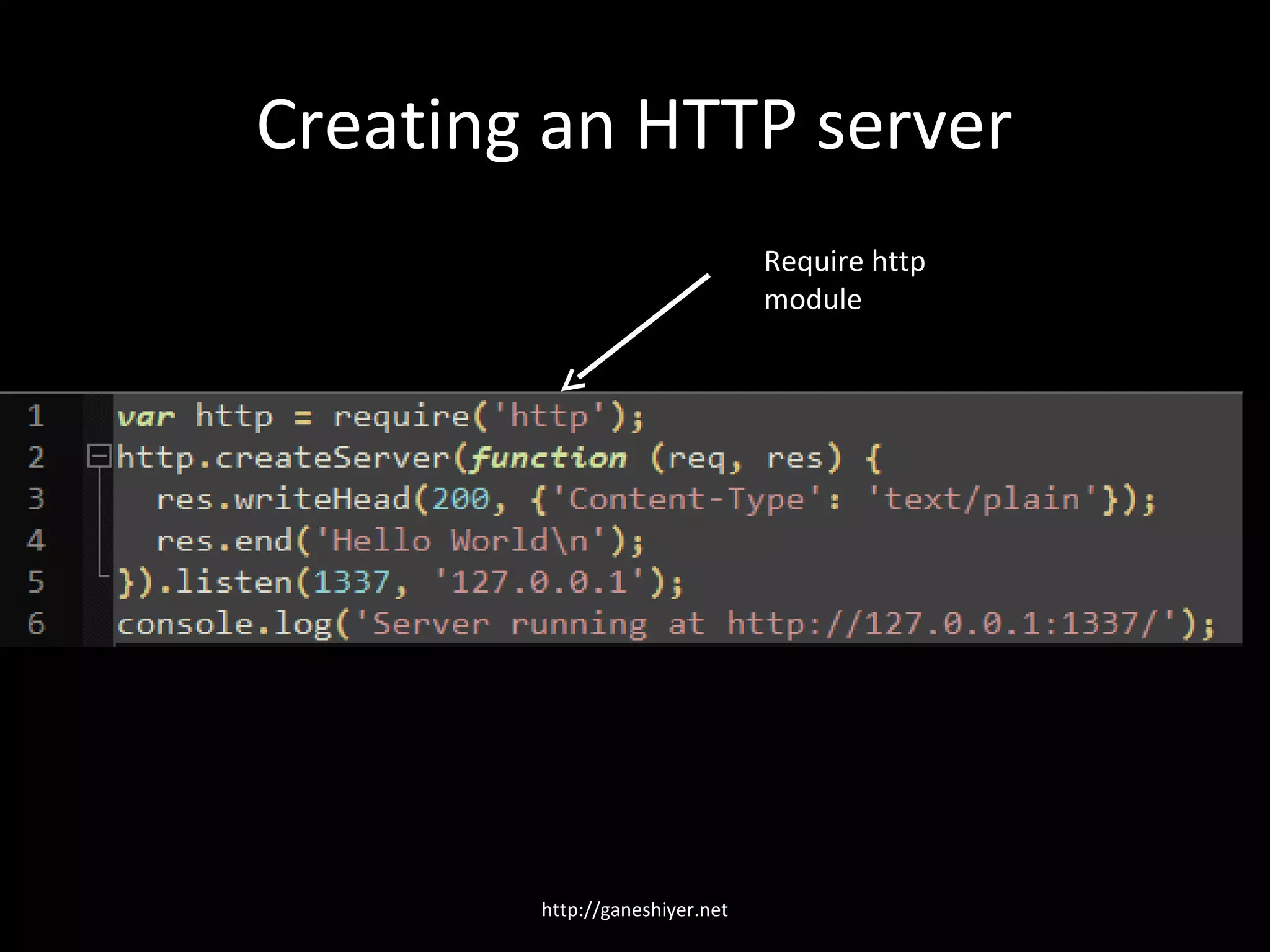 Creating an HTTP server
                                Require http
                                module




        http://ganeshiyer.net
 