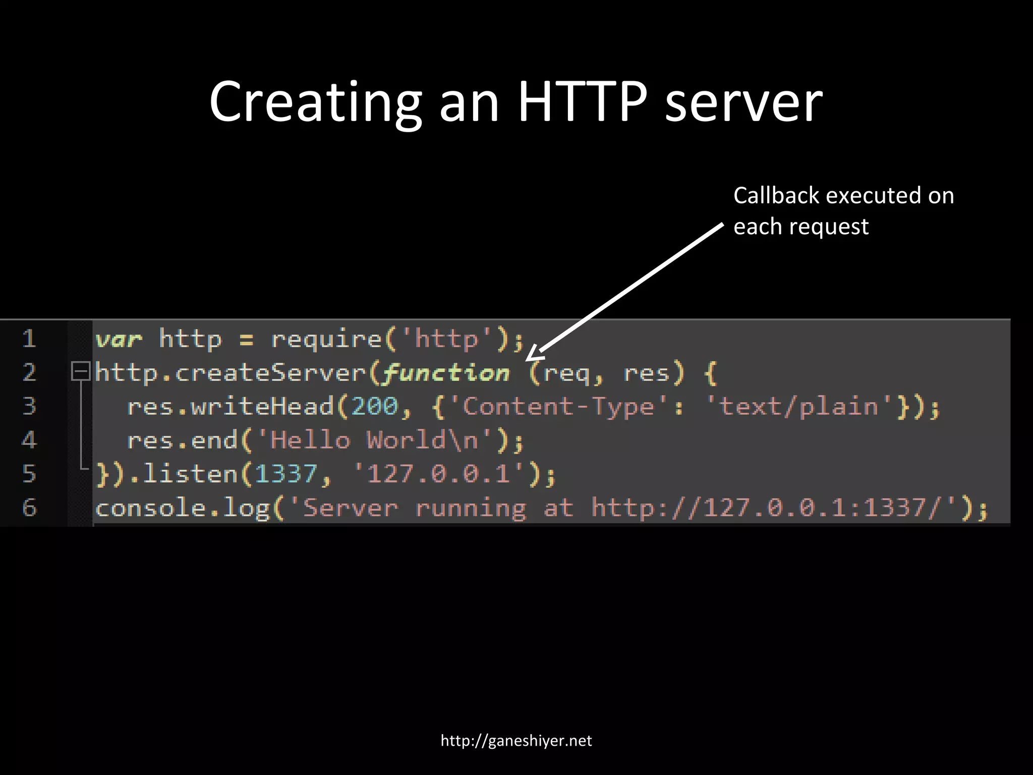 Creating an HTTP server
                                Callback executed on
                                each request




        http://ganeshiyer.net
 