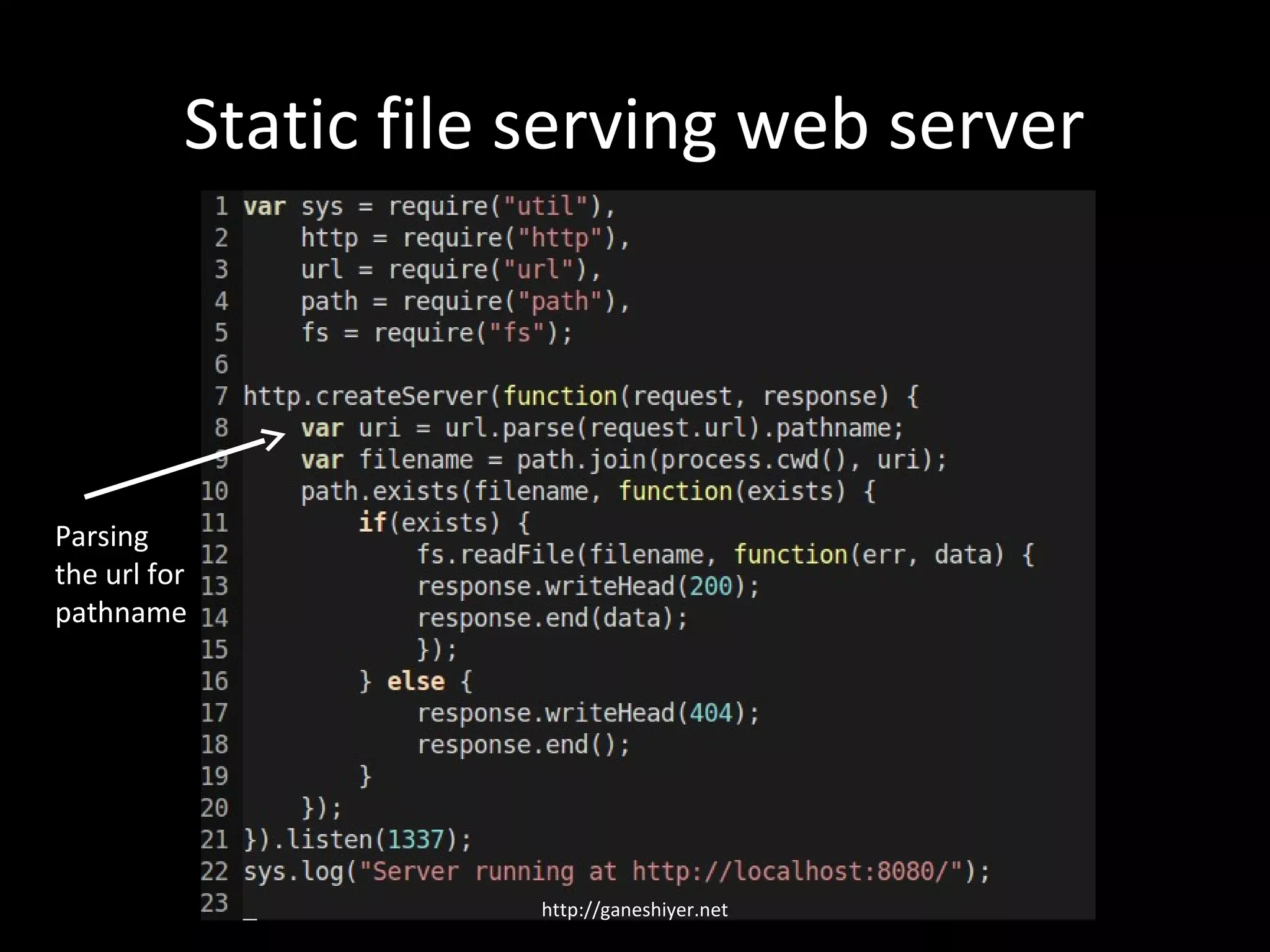 Static file serving web server




Parsing
the url for
pathname




                     http://ganeshiyer.net
 