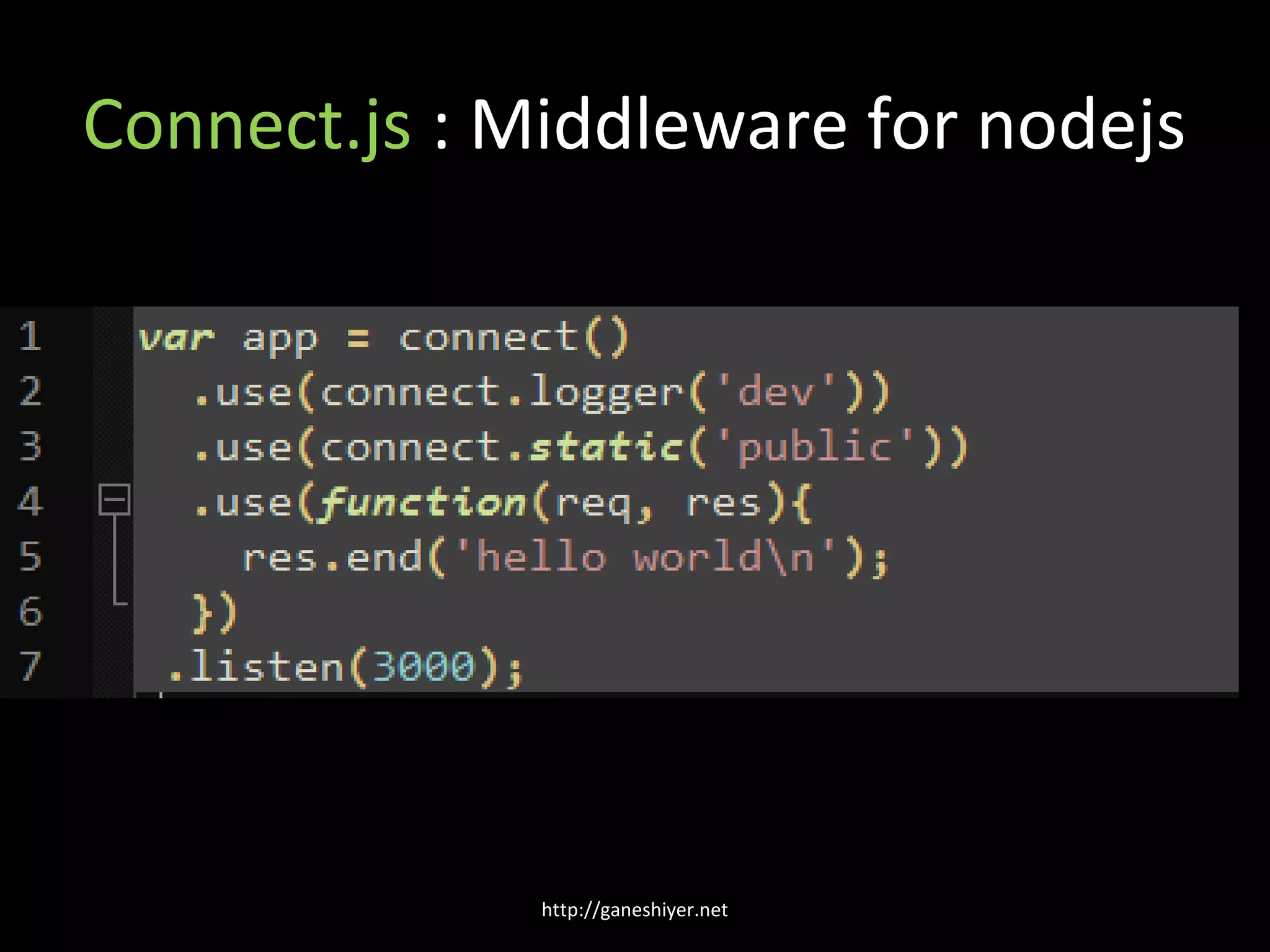 Connect.js : Middleware for nodejs




              http://ganeshiyer.net
 