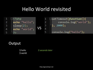 Hello World revisited


               VS


Output
     $ hello   2 seconds later
     $ world




                http://ganeshiyer.net
 