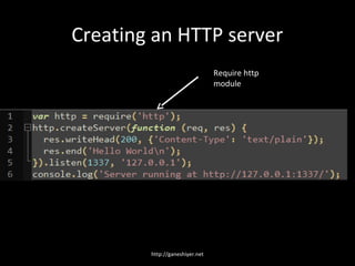 Creating an HTTP server
                                Require http
                                module




        http://ganeshiyer.net
 