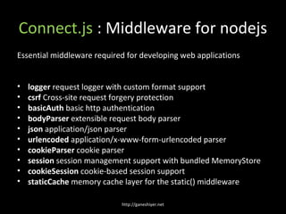 Connect.js : Middleware for nodejs
Essential middleware required for developing web applications


•   logger request logger with custom format support
•   csrf Cross-site request forgery protection
•   basicAuth basic http authentication
•   bodyParser extensible request body parser
•   json application/json parser
•   urlencoded application/x-www-form-urlencoded parser
•   cookieParser cookie parser
•   session session management support with bundled MemoryStore
•   cookieSession cookie-based session support
•   staticCache memory cache layer for the static() middleware

                            http://ganeshiyer.net
 