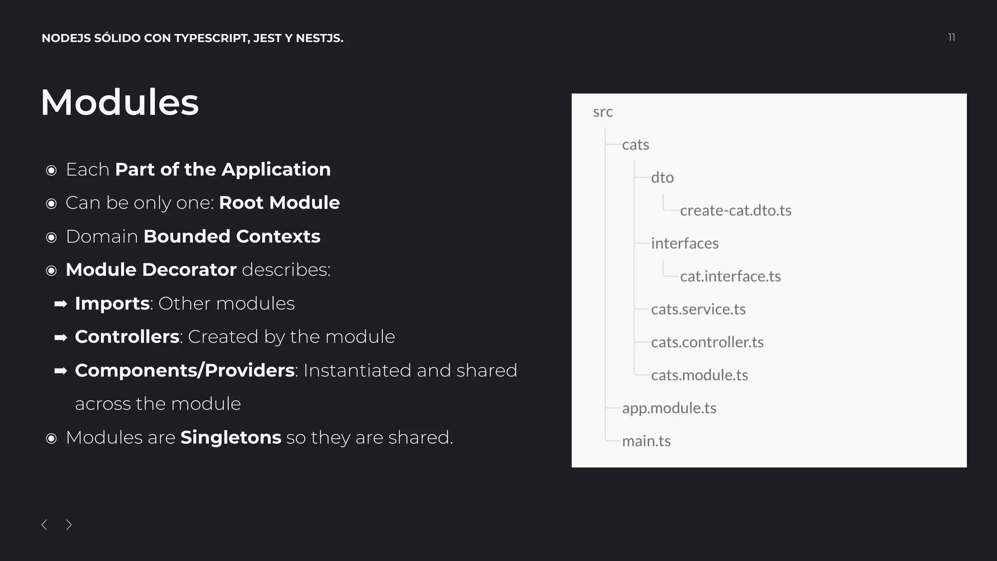 NODEJS SÓLIDO CON TYPESCRIPT, JEST Y NESTJS. 11
๏ Each Part of the Application
๏ Can be only one: Root Module
๏ Domain Bounded Contexts
๏ Module Decorator describes:
➡ Imports: Other modules
➡ Controllers: Created by the module
➡ Components/Providers: Instantiated and shared 
across the module
๏ Modules are Singletons so they are shared.
Modules
 