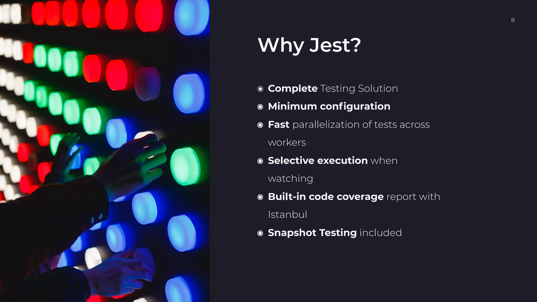 NODEJS SÓLIDO CON TYPESCRIPT, JEST Y NESTJS. 8
Why Jest?
๏ Complete Testing Solution
๏ Minimum conﬁguration
๏ Fast parallelization of tests across
workers
๏ Selective execution when
watching
๏ Built-in code coverage report with
Istanbul
๏ Snapshot Testing included
 