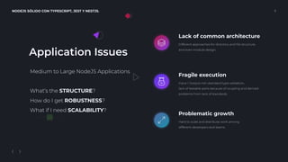 NODEJS SÓLIDO CON TYPESCRIPT, JEST Y NESTJS. 5
Lack of common architecture
Different approaches for directory and ﬁle structure,
and even module design.
Fragile execution
Input / Output non-standard type validation,
lack of testable parts because of coupling and derived
problems from lack of standards.
Problematic growth
Hard to scale and distribute work among
different developers and teams.
Medium to Large NodeJS Applications
What’s the STRUCTURE?
How do I get ROBUSTNESS?
What if I need SCALABILITY?
Application Issues
 