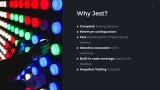 NODEJS SÓLIDO CON TYPESCRIPT, JEST Y NESTJS. 8
Why Jest?
๏ Complete Testing Solution
๏ Minimum conﬁguration
๏ Fast parallelization of tests across
workers
๏ Selective execution when
watching
๏ Built-in code coverage report with
Istanbul
๏ Snapshot Testing included
 