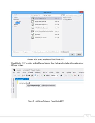 14
Web project template on Visual Studio 2012Figure 4:
Visual Studio 2012 provides an IntelliSense feature. It can help you to display information about
API and syntax.
IntelliSense feature on Visual Studio 2012Figure 5:
 
