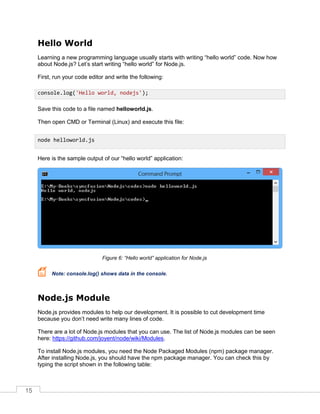 15
Hello World
Learning a new programming language usually starts with writing “hello world” code. Now how
about Node.js? Let’s start writing “hello world” for Node.js.
First, run your code editor and write the following:
Save this code to a file named helloworld.js.
Then open CMD or Terminal (Linux) and execute this file:
Here is the sample output of our “hello world” application:
“Hello world” application for Node.jsFigure 6:
Note: console.log() shows data in the console.
Node.js Module
Node.js provides modules to help our development. It is possible to cut development time
because you don’t need write many lines of code.
There are a lot of Node.js modules that you can use. The list of Node.js modules can be seen
here: https://github.com/joyent/node/wiki/Modules.
To install Node.js modules, you need the Node Packaged Modules (npm) package manager.
After installing Node.js, you should have the npm package manager. You can check this by
typing the script shown in the following table:
console.log('Hello world, nodejs');
node helloworld.js
 