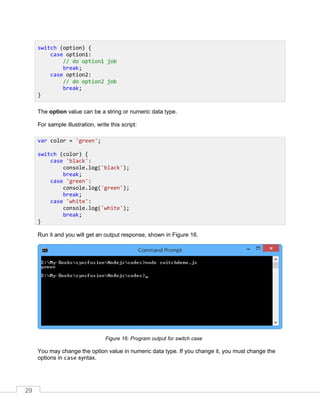 29
The option value can be a string or numeric data type.
For sample illustration, write this script:
Run it and you will get an output response, shown in Figure 16.
Program output for switch caseFigure 16:
You may change the option value in numeric data type. If you change it, you must change the
options in case syntax.
switch (option) {
case option1:
// do option1 job
break;
case option2:
// do option2 job
break;
}
var color = 'green';
switch (color) {
case 'black':
console.log('black');
break;
case 'green':
console.log('green');
break;
case 'white':
console.log('white');
break;
}
 