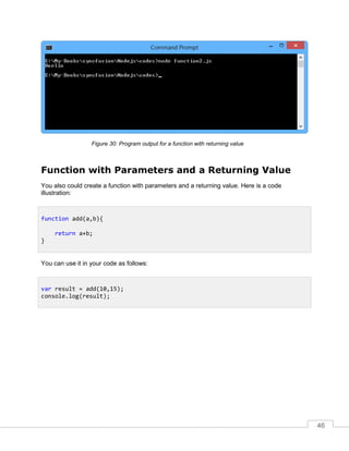 46
Program output for a function with returning valueFigure 30:
Function with Parameters and a Returning Value
You also could create a function with parameters and a returning value. Here is a code
illustration:
You can use it in your code as follows:
function add(a,b){
return a+b;
}
var result = add(10,15);
console.log(result);
 