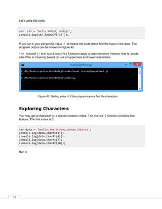57
Let’s write this code.
If you run it, you will get the value -1. It means the code didn’t find the input in the data. The
program output can be shown in Figure 42.
The indexOf() and lastIndexOf() functions apply a case-sensitive method; that is, words
can differ in meaning based on use of uppercase and lowercase letters.
Getting value -1 if the program cannot find the charactersFigure 42:
Exploring Characters
You may get a character by a specific position index. The charAt() function provides this
feature. The first index is 0.
Run it.
var str = 'Hello WORLD, nodejs';
console.log(str.indexOf('C#'));
var data = 'Berlin;Amsterdam;London;Jakarta';
console.log(data.charAt(0));
console.log(data.charAt(4));
console.log(data.charAt(7));
console.log(data.charAt(10));
 