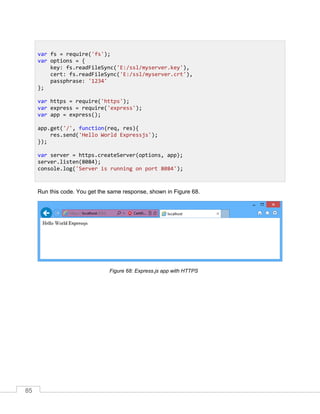 85
Run this code. You get the same response, shown in Figure 68.
Express.js app with HTTPSFigure 68:
var fs = require('fs');
var options = {
key: fs.readFileSync('E:/ssl/myserver.key'),
cert: fs.readFileSync('E:/ssl/myserver.crt'),
passphrase: '1234'
};
var https = require('https');
var express = require('express');
var app = express();
app.get('/', function(req, res){
res.send('Hello World Expressjs');
});
var server = https.createServer(options, app);
server.listen(8084);
console.log('Server is running on port 8084');
 
