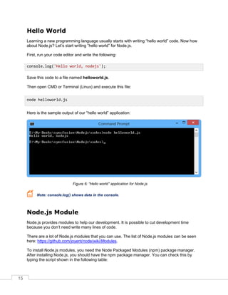 15
Hello World
Learning a new programming language usually starts with writing “hello world” code. Now how
about Node.js? Let’s start writing “hello world” for Node.js.
First, run your code editor and write the following:
Save this code to a file named helloworld.js.
Then open CMD or Terminal (Linux) and execute this file:
Here is the sample output of our “hello world” application:
“Hello world” application for Node.js
Note: console.log() shows data in the console.
Node.js Module
Node.js provides modules to help our development. It is possible to cut development time
because you don’t need write many lines of code.
There are a lot of Node.js modules that you can use. The list of Node.js modules can be seen
here: https://github.com/joyent/node/wiki/Modules.
To install Node.js modules, you need the Node Packaged Modules (npm) package manager.
After installing Node.js, you should have the npm package manager. You can check this by
typing the script shown in the following table:
console.log('Hello world, nodejs');
node helloworld.js
 