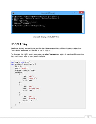 40
Display edited JSON data
JSON Array
We have already learned Node.js collection. Now we want to combine JSON and collection.
This means we create a collection of JSON objects.
To illustrate the JSON array, we create a productTransaction object. It consists of transaction
information and a list of purchased products.
var now = new Date();
var productTransaction = {
id : 2,
user: 'agusk',
transactionDate: now,
details:[
{
code: 'p01',
name: 'ipad 3',
price: 600
},
{
code: 'p02',
name: 'galaxy tab',
price: 500
},
{
code: 'p03',
name: 'kindle',
price: 120
}
]
}
 