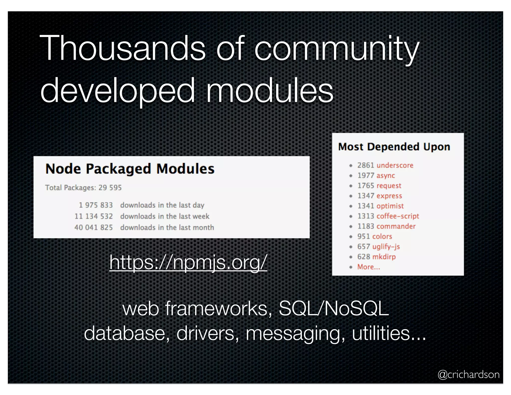 @crichardson
Thousands of community
developed modules
https://npmjs.org/
web frameworks, SQL/NoSQL
database, drivers, messaging, utilities...
 