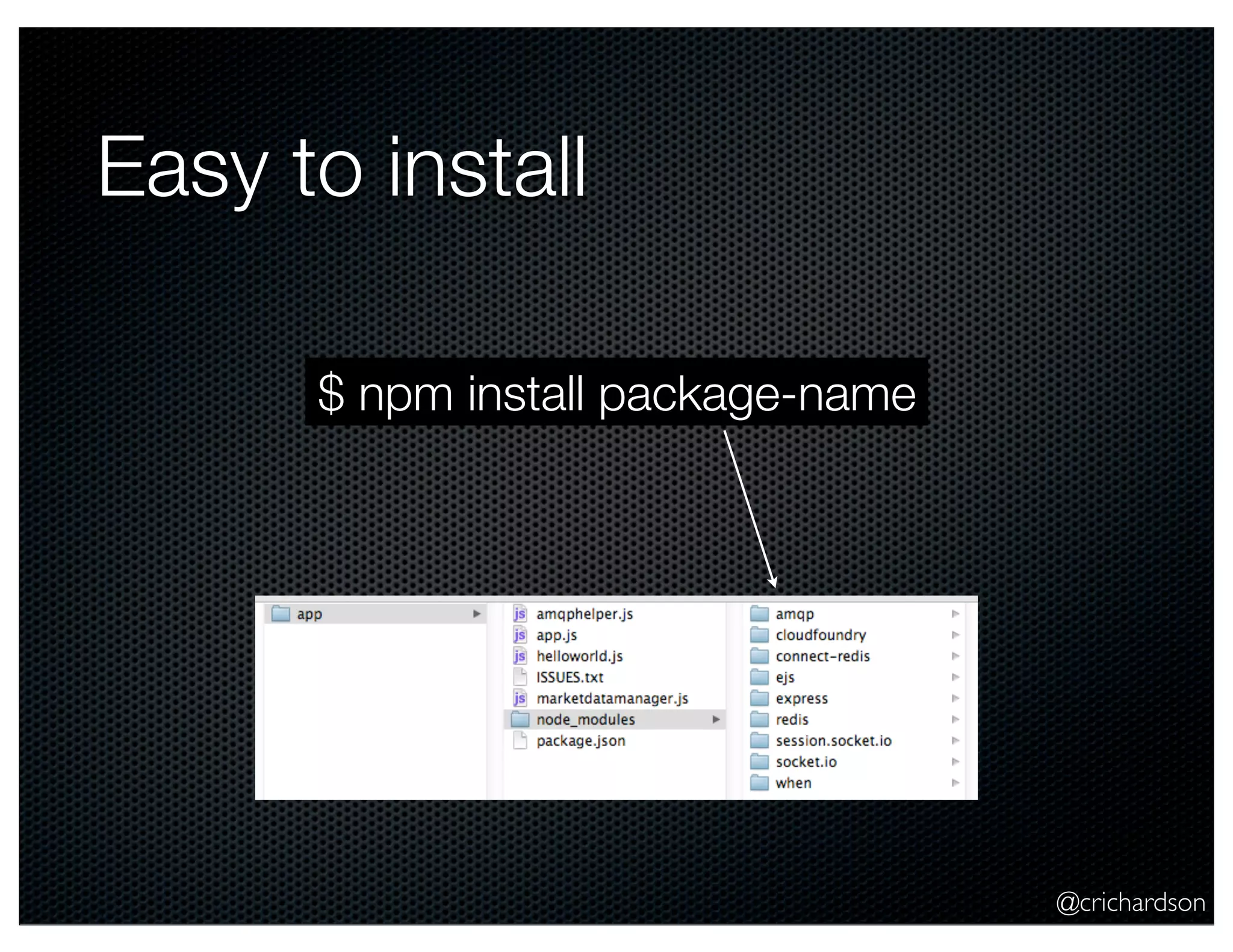 @crichardson
Easy to install
$ npm install package-name
 