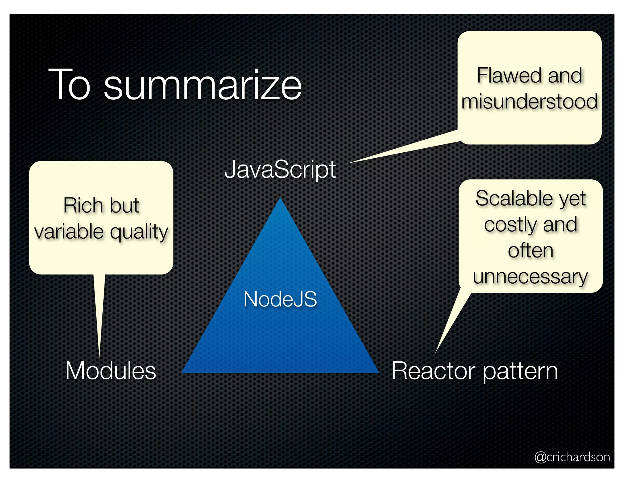 @crichardson
To summarize
NodeJS
JavaScript
Reactor patternModules
Flawed and
misunderstood
Scalable yet
costly and
often
unnecessary
Rich but
variable quality
 