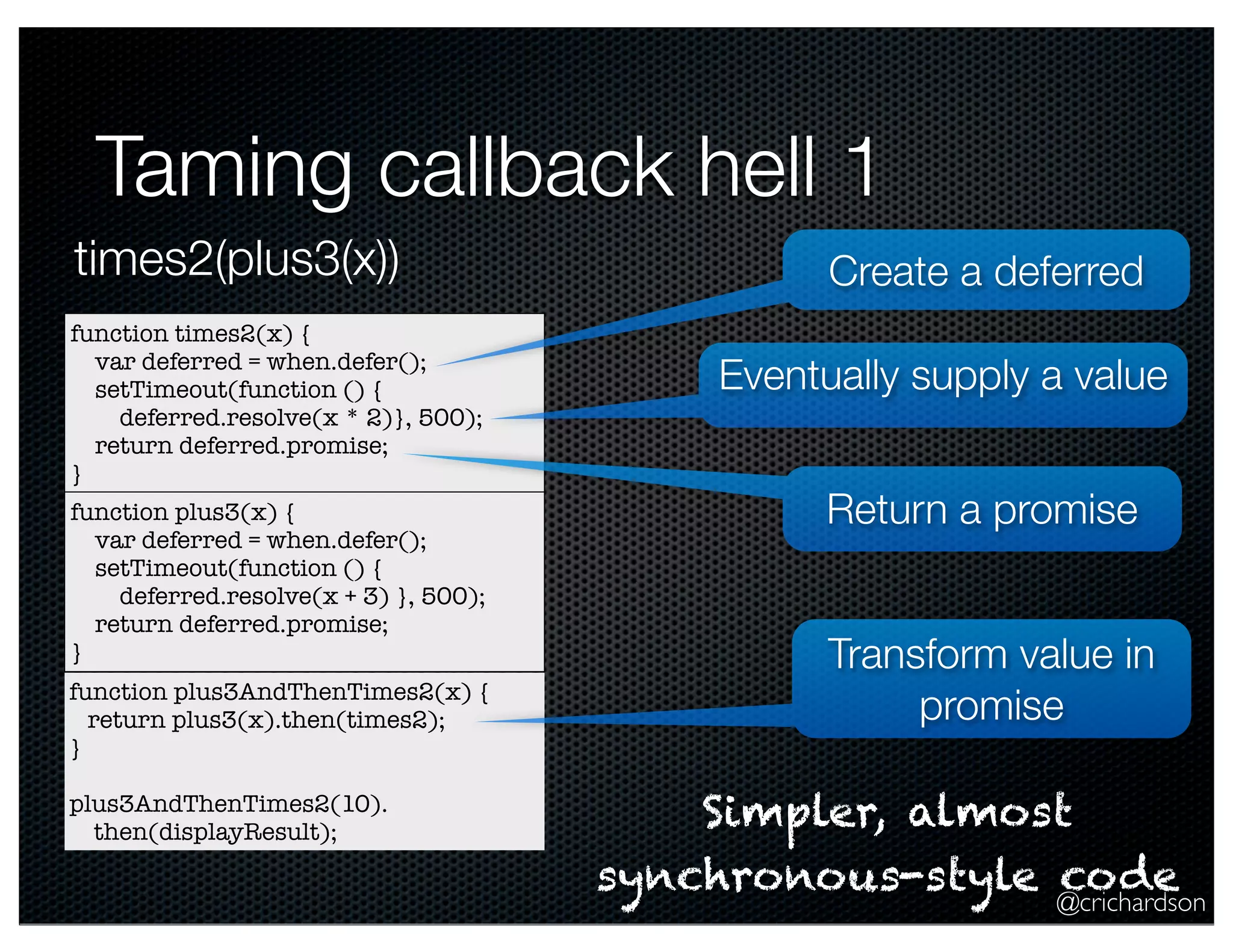 @crichardson
Taming callback hell 1
function times2(x) {
var deferred = when.defer();
setTimeout(function () {
deferred.resolve(x * 2)}, 500);
return deferred.promise;
}
times2(plus3(x)) Create a deferred
Return a promise
Eventually supply a value
function plus3AndThenTimes2(x) {
return plus3(x).then(times2);
}
plus3AndThenTimes2(10).
then(displayResult);
Transform value in
promise
function plus3(x) {
var deferred = when.defer();
setTimeout(function () {
deferred.resolve(x + 3) }, 500);
return deferred.promise;
}
Simpler, almost
synchronous-style code
 