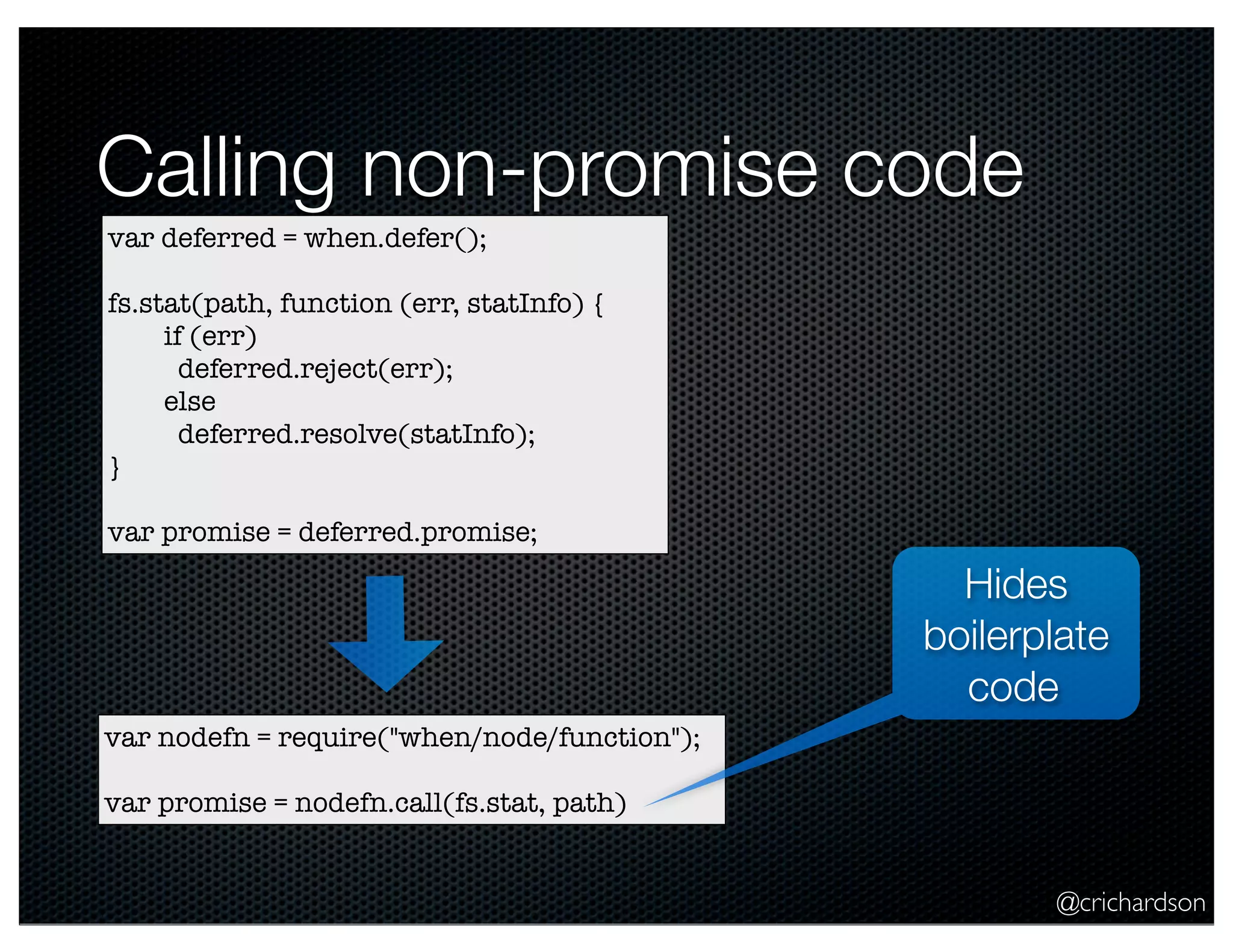 @crichardson
Calling non-promise code
var deferred = when.defer();
fs.stat(path, function (err, statInfo) {
if (err)
deferred.reject(err);
else
deferred.resolve(statInfo);
}
var promise = deferred.promise;
var nodefn = require("when/node/function");
var promise = nodefn.call(fs.stat, path)
Hides
boilerplate
code
 