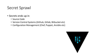 Secret Sprawl
• Secrets ends up in
• Source Code
• Version Control Systems (Github, Gitlab, Bitbucket etc)
• Configuration Management (Chef, Puppet, Ansible etc)
 