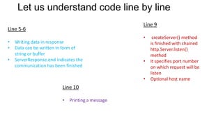 Let us understand code line by line
Line 9

Line 5-6
•
•
•

Writing data in response
Data can be written in form of
string or buffer
ServerResponse.end indicates the
communication has been finished

•

•

•

Line 10
•

Printing a message

createServer() method
is finished with chained
http.Server.listen()
method
It specifies port number
on which request will be
listen
Optional host name

 