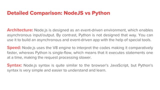 NodeJS vs Python: The Comparison Table
NodeJS Python
NodeJS is the best option for dealing with
asynchronous programming c...