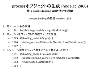 processオブジェクトの生成 (node.cc:2466)
                  特に process.binding の部分だけを説明

                    process.binding の処理 node.cc:1638

1. モジュール名の取得
   – 1641 Local<String> module = args[0]->ToString();
2. キャッシュオブジェクトの存在チェックと生成
   – 1645 if (binding_cache.IsEmpty()) {
   – 1646 binding_cache = Persistent<Object>::New(Object::New());
   – 1647 }
3. モジュールがキャッシュされていたらそれを返して終了
   – 1651 if (binding_cache->Has(module)) {
   – 1652 exports = binding_cache->Get(module)->ToObject();
   – 1653 return scope.Close(exports);
   – 1654 }
 