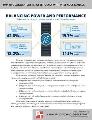 AUGUST 2015 (Revised)
A PRINCIPLED TECHNOLOGIES REPORT
Commissioned by Intel Corp.
IMPROVE DATACENTER ENERGY EFFICIENCY WITH INTEL NODE MANAGER
The server virtualization wave has helped to reduce the number of servers and power consumption
datacenters need to keep business moving, but most of the time, those servers are not optimized to efficiently
balance energy consumption and performance. They’re just burning power by running inefficiently 24 hours a
day, 7 days a week. Intel Node Manager, a server firmware feature that works with Intel Xeon processors, is a
power management tool that can help you optimize the balance between compute resources and energy
consumption to make your infrastructure more efficient and save you money in operating expenses.
In the Principled Technologies datacenter, we found that compared to running a server without power
management, managing power with Intel Node Manager enabled:
 42.8 percent more performance/watt for a mixed workload when limiting server power
consumption to 70%
 19.7 percent more performance/watt on a storage-intensive workload when limiting server power
consumption to 65%
 13.2 percent more performance/watt on a memory-intensive workload when limiting server power
consumption to 70%
 11.1 percent more VDI sessions/watt on a CPU-intensive workload when limiting server power
consumption to 70%
These results show the value of managing power with Intel Node Manager: When you get more
efficient, you make the most of every watt your datacenter consumes and spend less on wearying energy costs
while maximizing performance within your power budget.
 