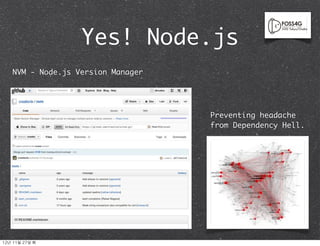 Yes! Node.js
    NVM - Node.js Version Manager




                                    Preventing headache
                                    from Dependency Hell.




12년	 11월	 27일	 화
 
