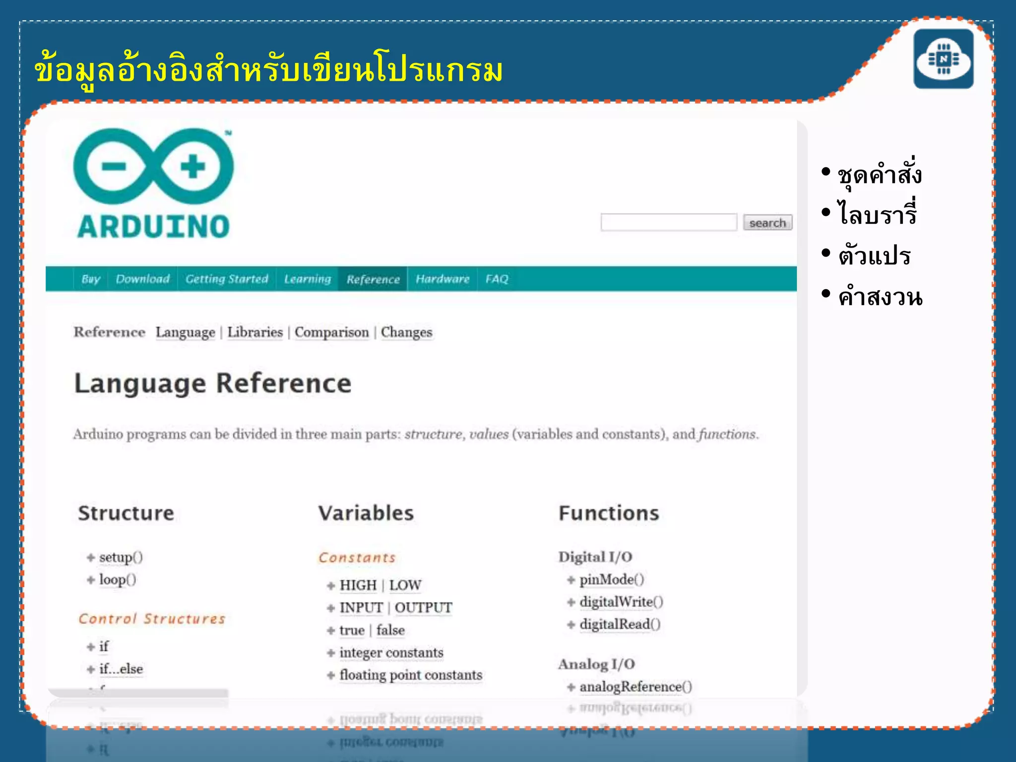 ข้อมูลอ้างอิงสาหรับเขียนโปรแกรม
• ชุดคาสั่ง
• ไลบรารี่
• ตัวแปร
• คาสงวน
 