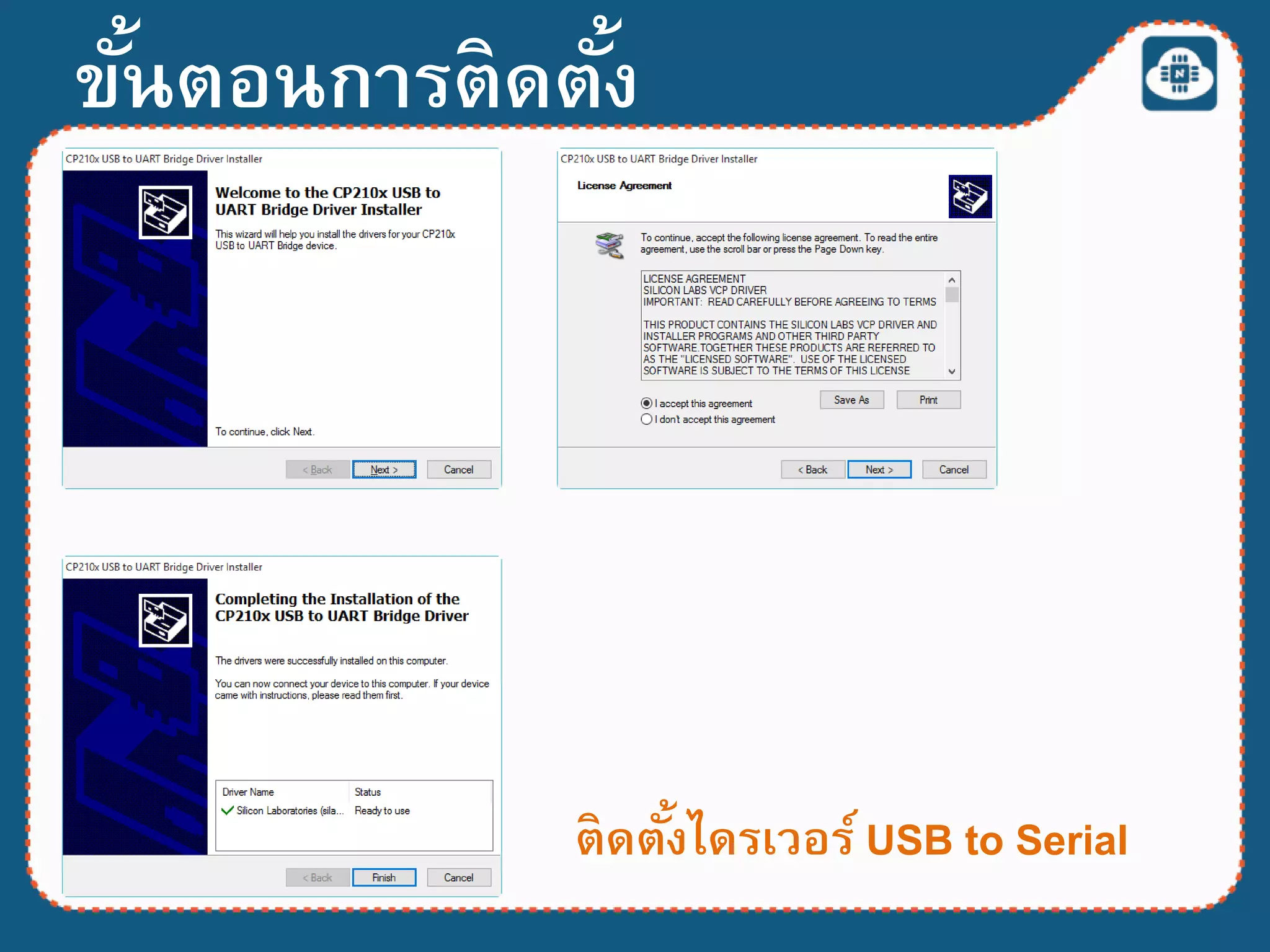 ขั้นตอนการติดตั้ง
ติดตั้งไดรเวอร์ USB to Serial
 