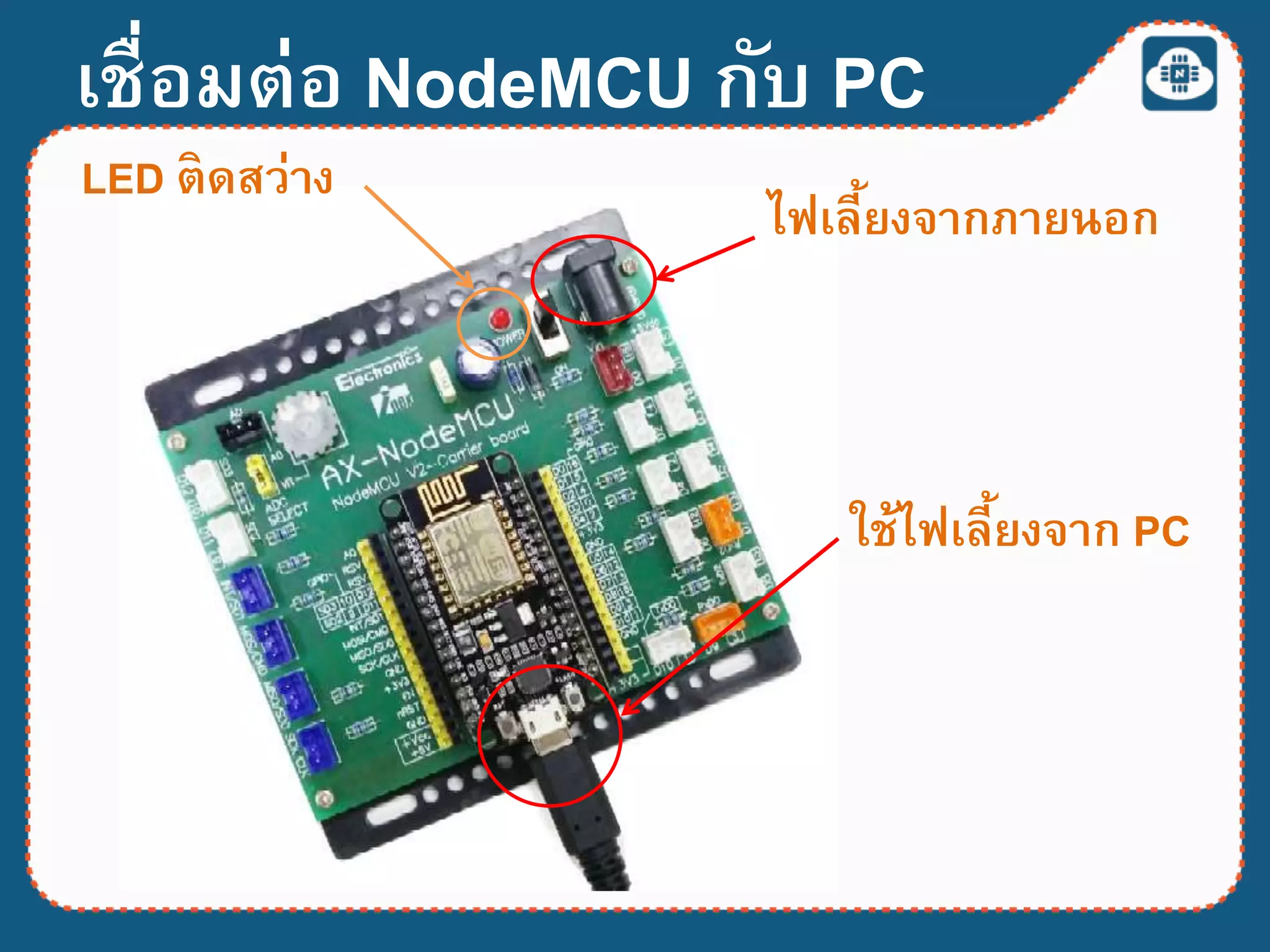 เชื่อมต่อ NodeMCU กับ PC
ใช้ไฟเลี้ยงจาก PC
LED ติดสว่าง
ไฟเลี้ยงจากภายนอก
 