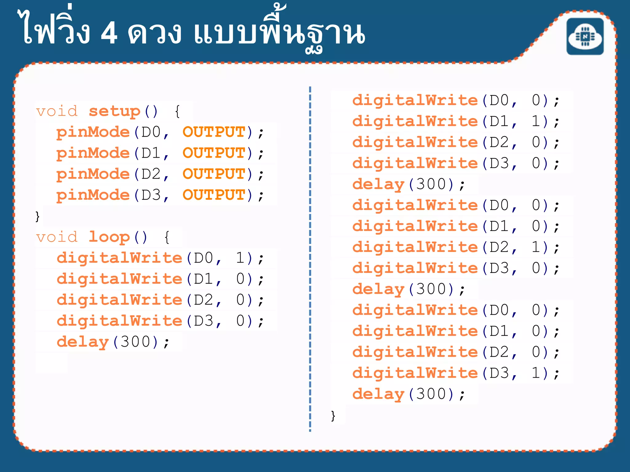 ไฟวิ่ง 4 ดวง แบบพื้นฐาน
void setup() {
pinMode(D0, OUTPUT);
pinMode(D1, OUTPUT);
pinMode(D2, OUTPUT);
pinMode(D3, OUTPUT);
}
void loop() {
digitalWrite(D0, 1);
digitalWrite(D1, 0);
digitalWrite(D2, 0);
digitalWrite(D3, 0);
delay(300);
digitalWrite(D0, 0);
digitalWrite(D1, 1);
digitalWrite(D2, 0);
digitalWrite(D3, 0);
delay(300);
digitalWrite(D0, 0);
digitalWrite(D1, 0);
digitalWrite(D2, 1);
digitalWrite(D3, 0);
delay(300);
digitalWrite(D0, 0);
digitalWrite(D1, 0);
digitalWrite(D2, 0);
digitalWrite(D3, 1);
delay(300);
}
 