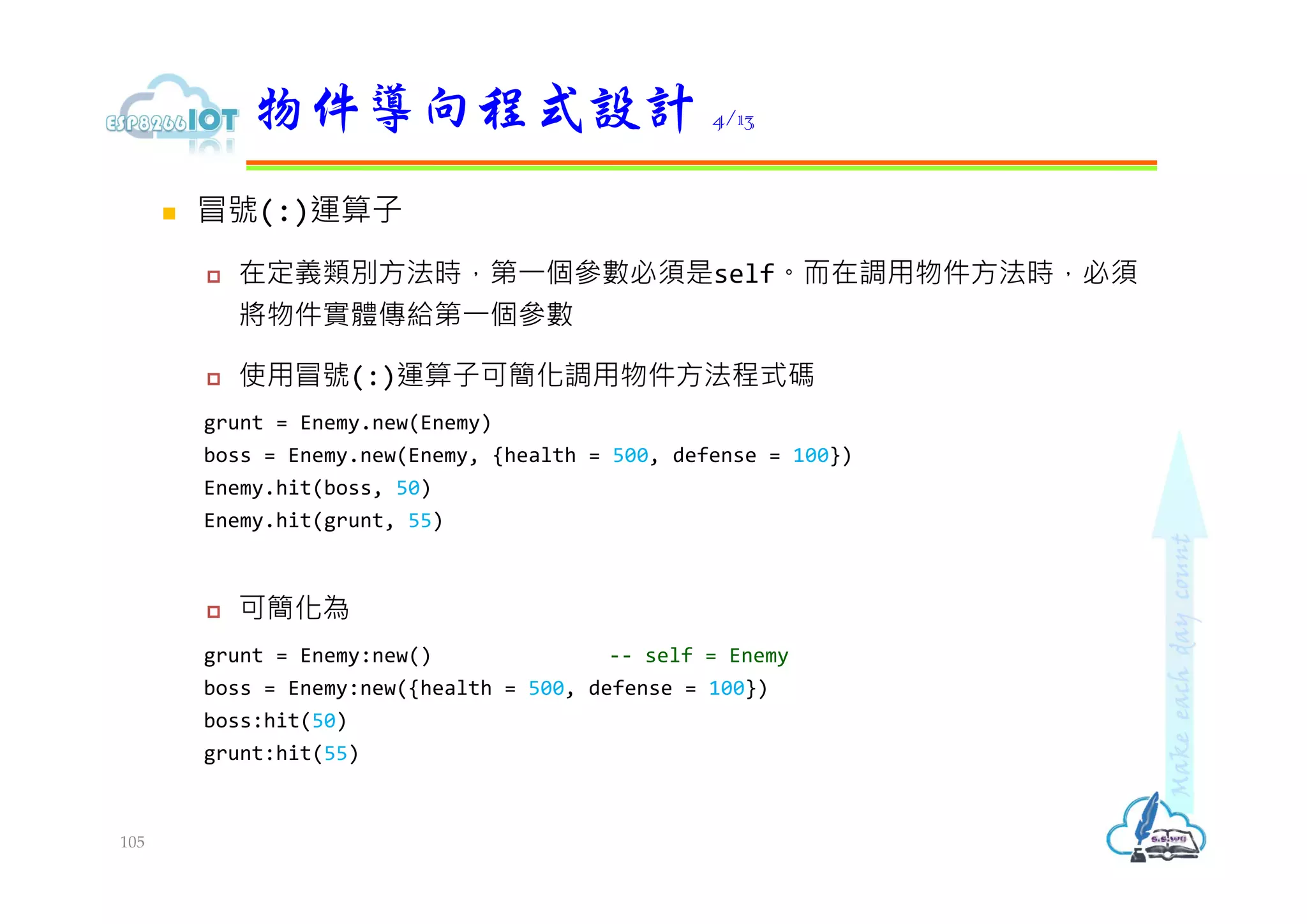  冒號(:)運算子
 在定義類別方法時，第⼀個參數必須是self。⽽在調用物件方法時，必須
將物件實體傳給第⼀個參數
 使用冒號(:)運算子可簡化調用物件方法程式碼
grunt = Enemy.new(Enemy)
boss = Enemy.new(Enemy, {health = 500, defense = 100})
Enemy.hit(boss, 50)
Enemy.hit(grunt, 55)
 可簡化為
grunt = Enemy:new() -- self = Enemy
boss = Enemy:new({health = 500, defense = 100})
boss:hit(50)
grunt:hit(55)
物件導向程式設計 4/13
105
 