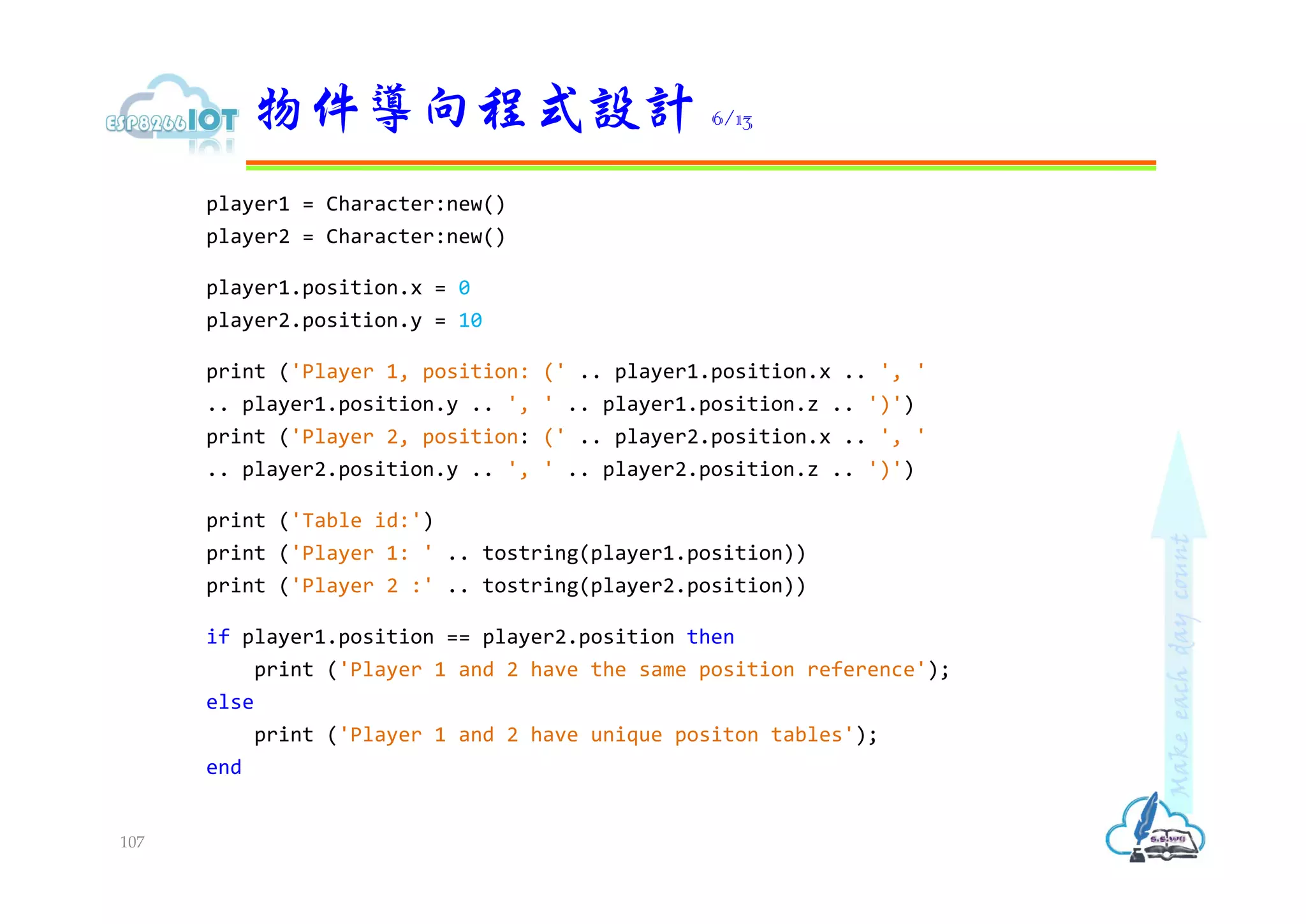 player1 = Character:new()
player2 = Character:new()
player1.position.x = 0
player2.position.y = 10
print ('Player 1, position: (' .. player1.position.x .. ', '
.. player1.position.y .. ', ' .. player1.position.z .. ')')
print ('Player 2, position: (' .. player2.position.x .. ', '
.. player2.position.y .. ', ' .. player2.position.z .. ')')
print ('Table id:')
print ('Player 1: ' .. tostring(player1.position))
print ('Player 2 :' .. tostring(player2.position))
if player1.position == player2.position then
print ('Player 1 and 2 have the same position reference');
else
print ('Player 1 and 2 have unique positon tables');
end
物件導向程式設計 6/13
107
 
