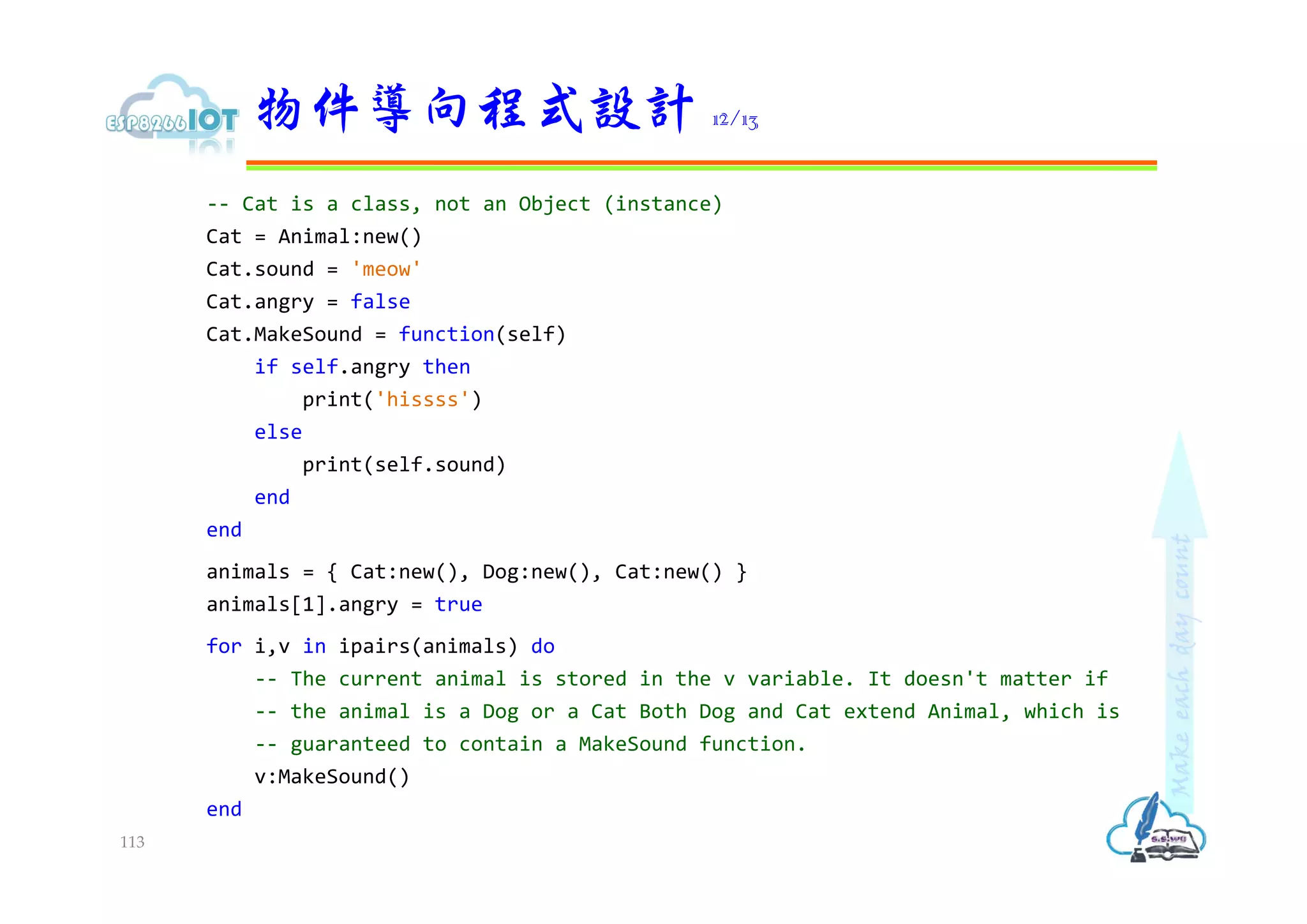 -- Cat is a class, not an Object (instance)
Cat = Animal:new()
Cat.sound = 'meow'
Cat.angry = false
Cat.MakeSound = function(self)
if self.angry then
print('hissss')
else
print(self.sound)
end
end
animals = { Cat:new(), Dog:new(), Cat:new() }
animals[1].angry = true
for i,v in ipairs(animals) do
-- The current animal is stored in the v variable. It doesn't matter if
-- the animal is a Dog or a Cat Both Dog and Cat extend Animal, which is
-- guaranteed to contain a MakeSound function.
v:MakeSound()
end
物件導向程式設計 12/13
113
 