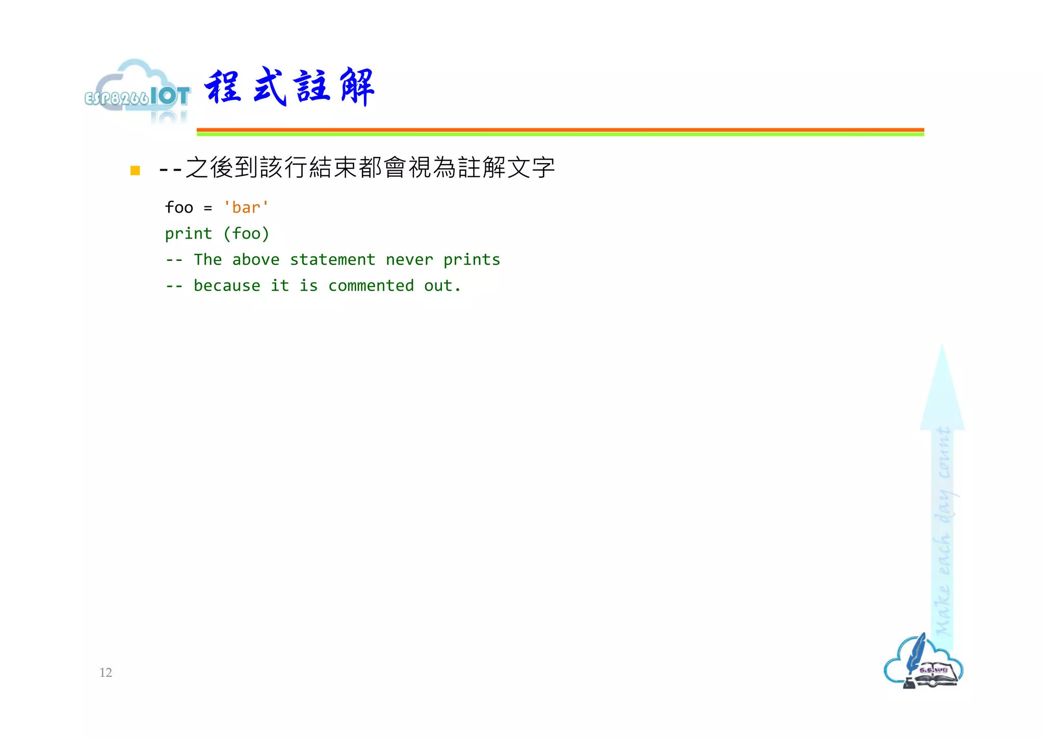  --之後到該行結束都會視為註解文字
foo = 'bar'
print (foo)
-- The above statement never prints
-- because it is commented out.
程式註解
12
 