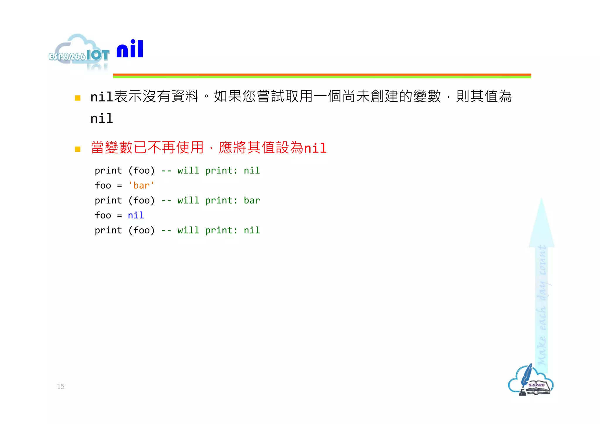  nil表示沒有資料。如果您嘗試取用⼀個尚未創建的變數，則其值為
nil
 當變數已不再使用，應將其值設為nil
print (foo) -- will print: nil
foo = 'bar'
print (foo) -- will print: bar
foo = nil
print (foo) -- will print: nil
nil
15
 