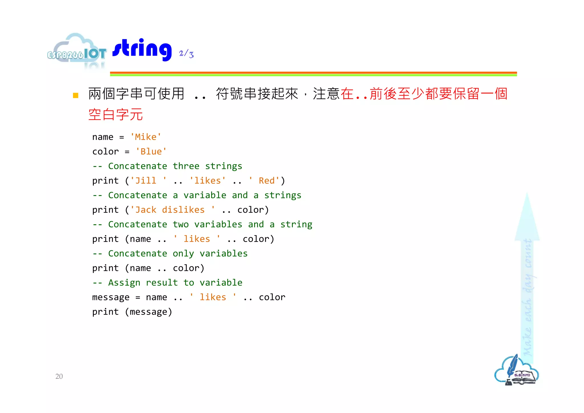  兩個字串可使用 .. 符號串接起來，注意在..前後⾄少都要保留⼀個
空白字元
name = 'Mike'
color = 'Blue'
-- Concatenate three strings
print ('Jill ' .. 'likes' .. ' Red')
-- Concatenate a variable and a strings
print ('Jack dislikes ' .. color)
-- Concatenate two variables and a string
print (name .. ' likes ' .. color)
-- Concatenate only variables
print (name .. color)
-- Assign result to variable
message = name .. ' likes ' .. color
print (message)
string 2/3
20
 