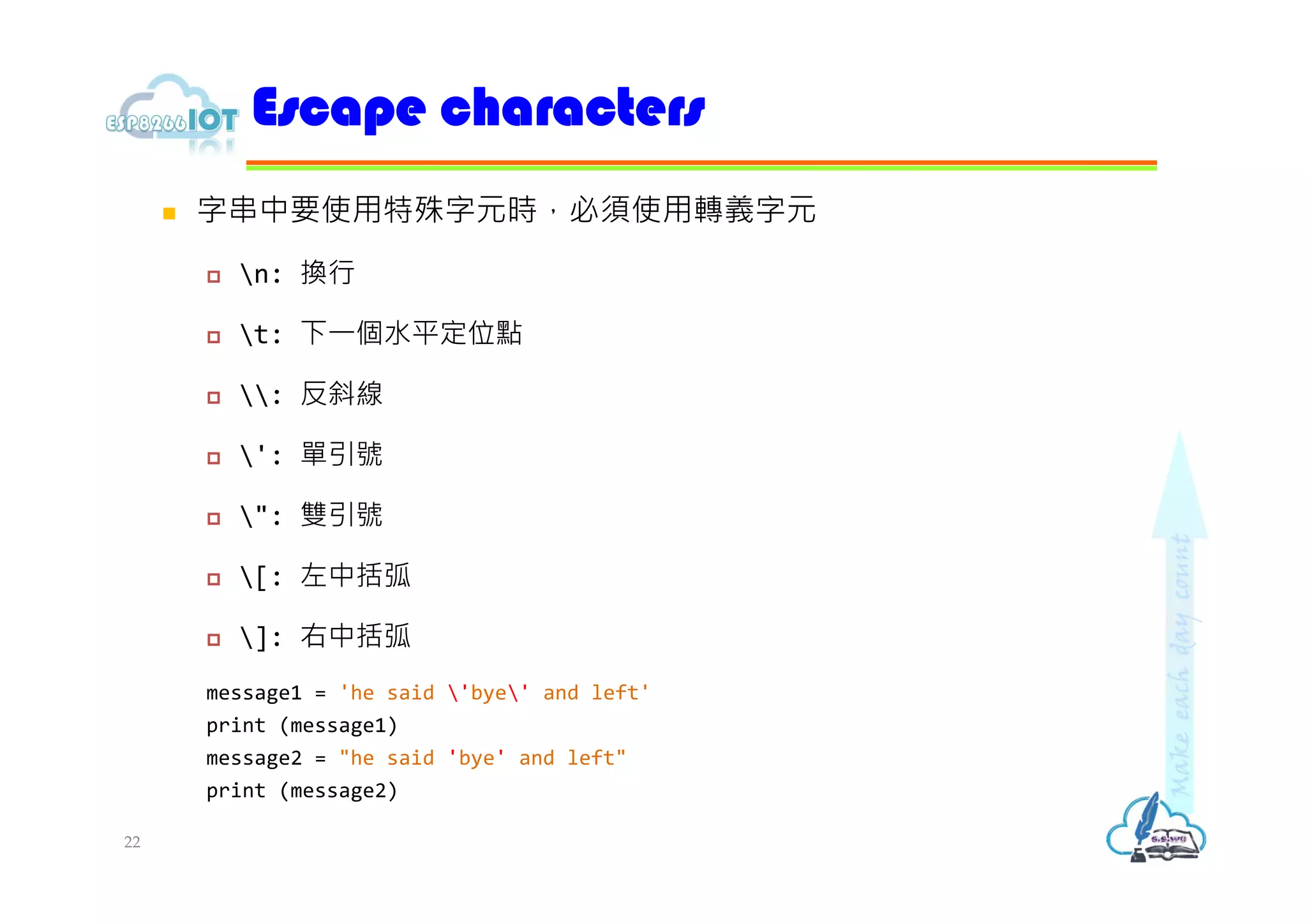  字串中要使用特殊字元時，必須使用轉義字元
 n: 換行
 t: 下⼀個⽔平定位點
 : 反斜線
 ': 單引號
 ": 雙引號
 [: 左中括弧
 ]: 右中括弧
message1 = 'he said 'bye' and left'
print (message1)
message2 = "he said 'bye' and left"
print (message2)
Escape characters
22
 