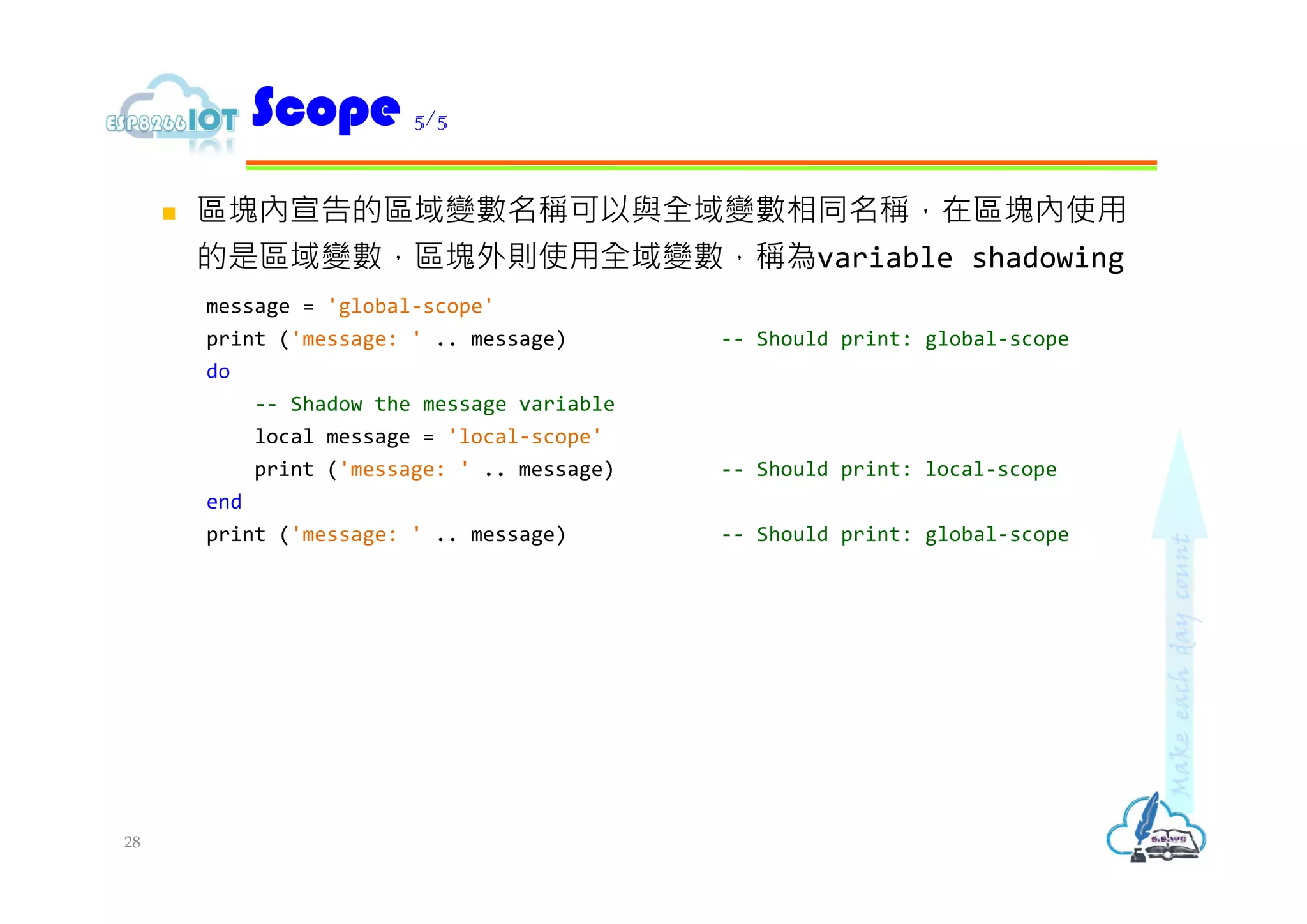  區塊內宣告的區域變數名稱可以與全域變數相同名稱，在區塊內使用
的是區域變數，區塊外則使用全域變數，稱為variable shadowing
message = 'global-scope'
print ('message: ' .. message) -- Should print: global-scope
do
-- Shadow the message variable
local message = 'local-scope'
print ('message: ' .. message) -- Should print: local-scope
end
print ('message: ' .. message) -- Should print: global-scope
Scope 5/5
28
 