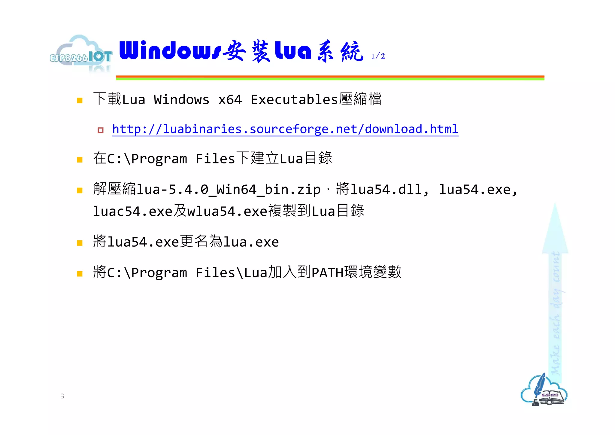  下載Lua Windows x64 Executables壓縮檔
 http://luabinaries.sourceforge.net/download.html
 在C:Program Files下建立Lua目錄
 解壓縮lua-5.4.0_Win64_bin.zip，將lua54.dll, lua54.exe,
luac54.exe及wlua54.exe複製到Lua目錄
 將lua54.exe更名為lua.exe
 將C:Program FilesLua加入到PATH環境變數
Windows安裝Lua系統 1/2
3
 