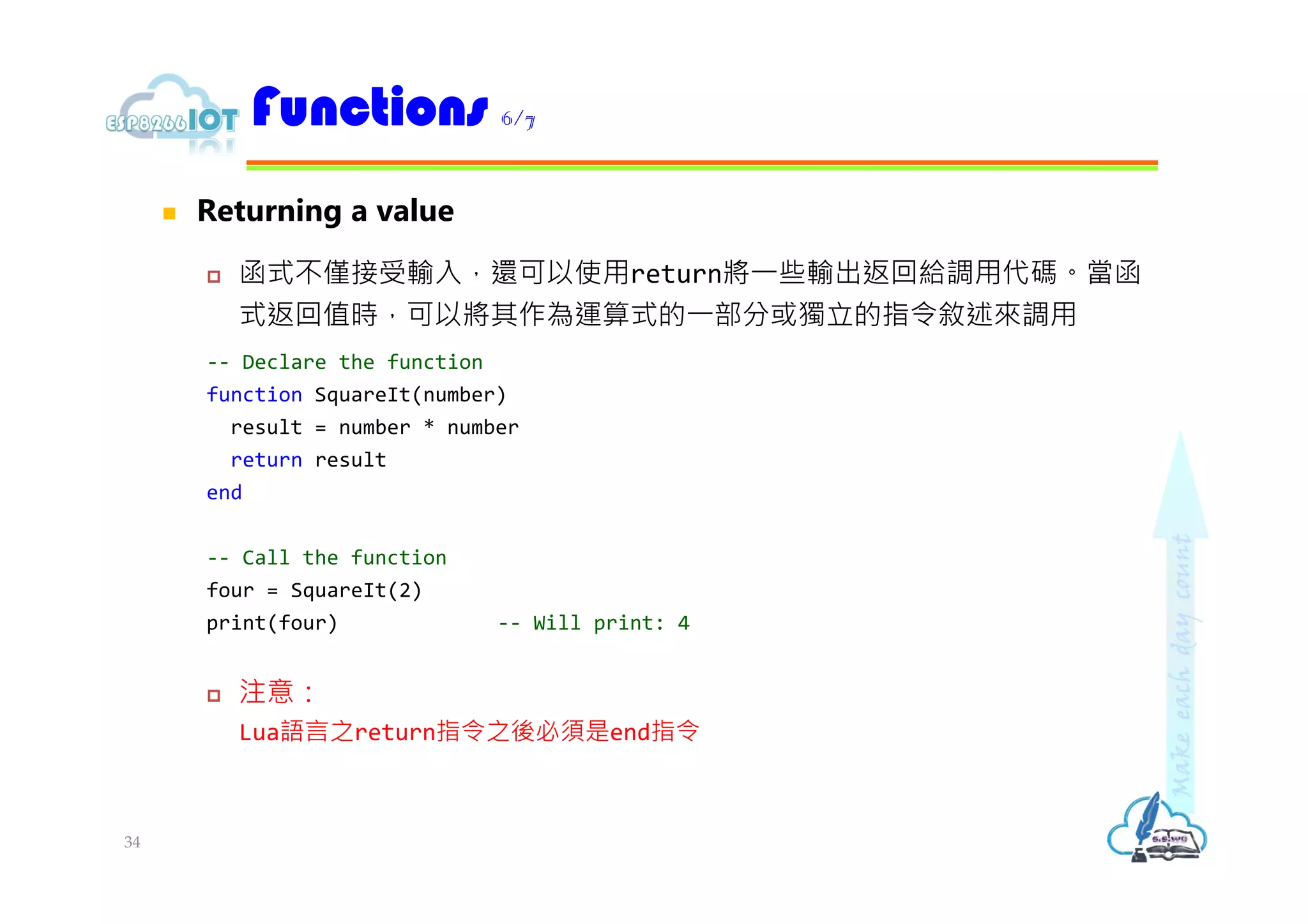  Returning a value
 函式不僅接受輸入，還可以使用return將⼀些輸出返回給調用代碼。當函
式返回值時，可以將其作為運算式的⼀部分或獨立的指令敘述來調用
-- Declare the function
function SquareIt(number)
result = number * number
return result
end
-- Call the function
four = SquareIt(2)
print(four) -- Will print: 4
 注意：
Lua語言之return指令之後必須是end指令
Functions 6/7
34
 